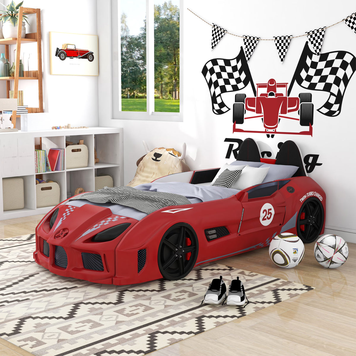 Nouveauté 2026 – Lit double en plastique pour enfants Dash Kids, motif voiture de course, avec LED et son, blanc, Furniture of America