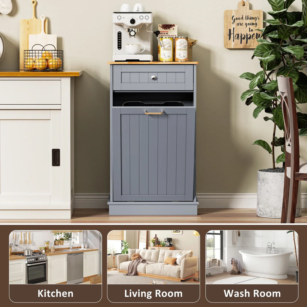 Nouveauté 2026 – Meuble poubelle basculant HARIPUL pour bac à déchets de 49 litres (13 gallons), meuble poubelle de cuisine autoportant avec tiroirs, blanc