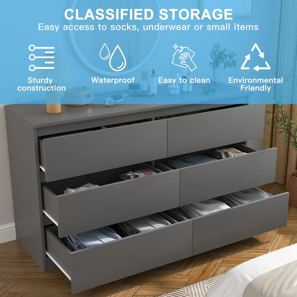 Nouveauté 2026 – Commode Resenkos moderne style milieu du siècle, 6 tiroirs, large, pour chambre à coucher, grise