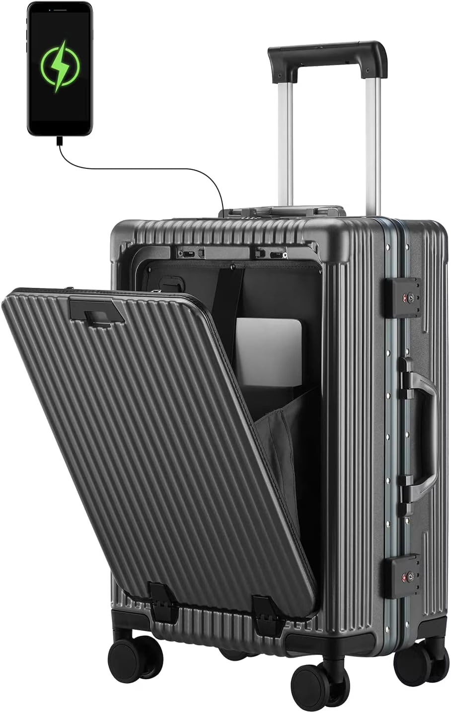 Nouveauté 2026 – Nouvelle valise cabine avec port de chargement USB, compartiment avant, serrure TSA, valise rigide cabine approuvée par les compagnies aériennes avec roulettes multidirectionnelles (grise, 20 pouces