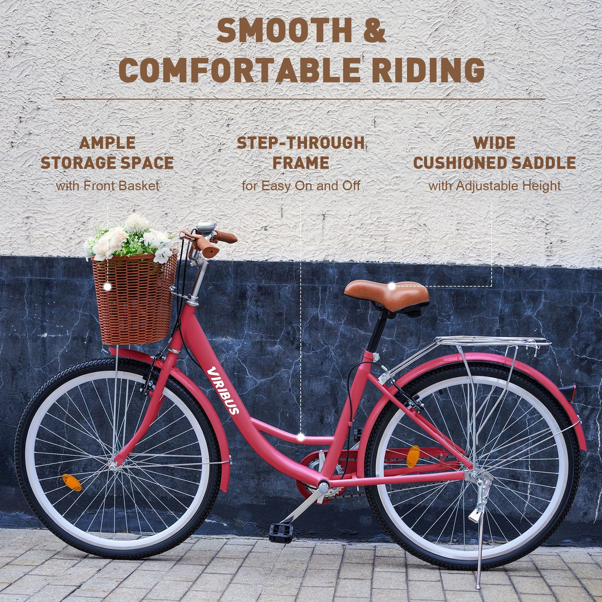 Nouveauté 2026 – Vélo confort femme Viribus , 24 pouces, style cruiser plage et ville, avec panier, blanc