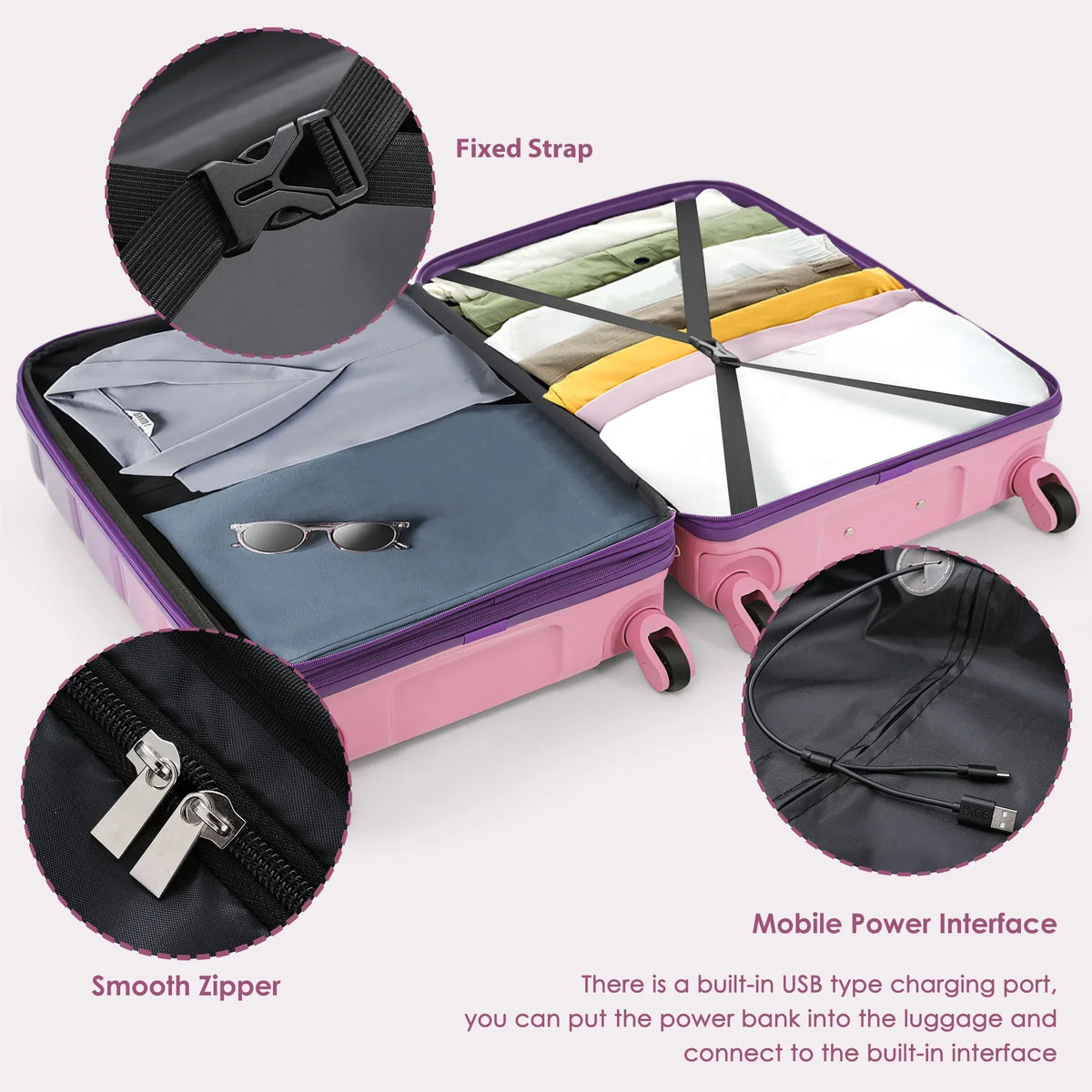 Nouveauté 2026 – Ensemble de 3 valises PAPROOS (51/61/71 cm), valise rigide légère avec port USB et crochets latéraux, bagage de voyage avec serrure TSA, valise à roulettes rigide pour l'école et les voyages, rose
