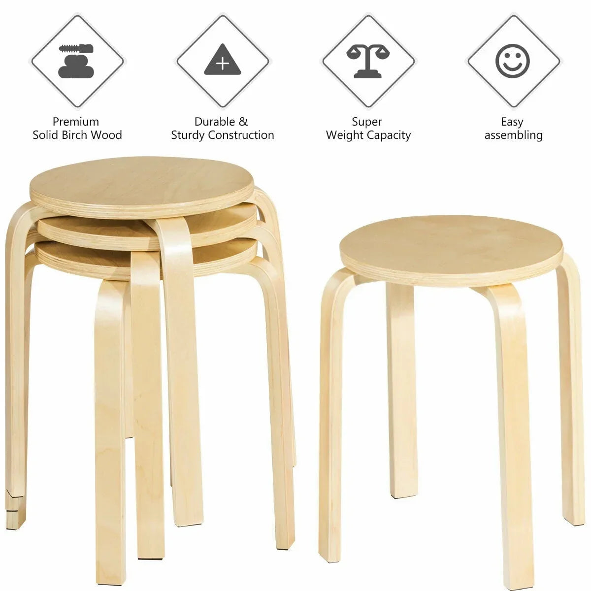 Nouveauté 2026 – Ensemble de 4 tabourets empilables de 45,7 cm (18 po) avec dossier inclinable, en bois, pour salle à manger et décoration intérieure
