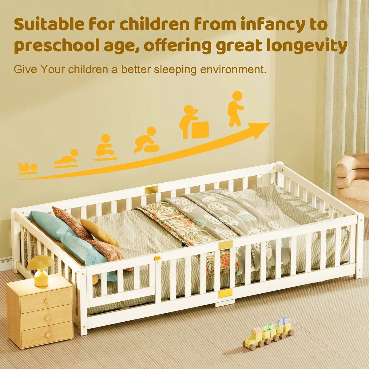Nouveauté 2026 – Lit de sol Montessori pour tout-petits (taille jumelle), cadre de lit en bois massif avec barrière et porte, pour filles et garçons