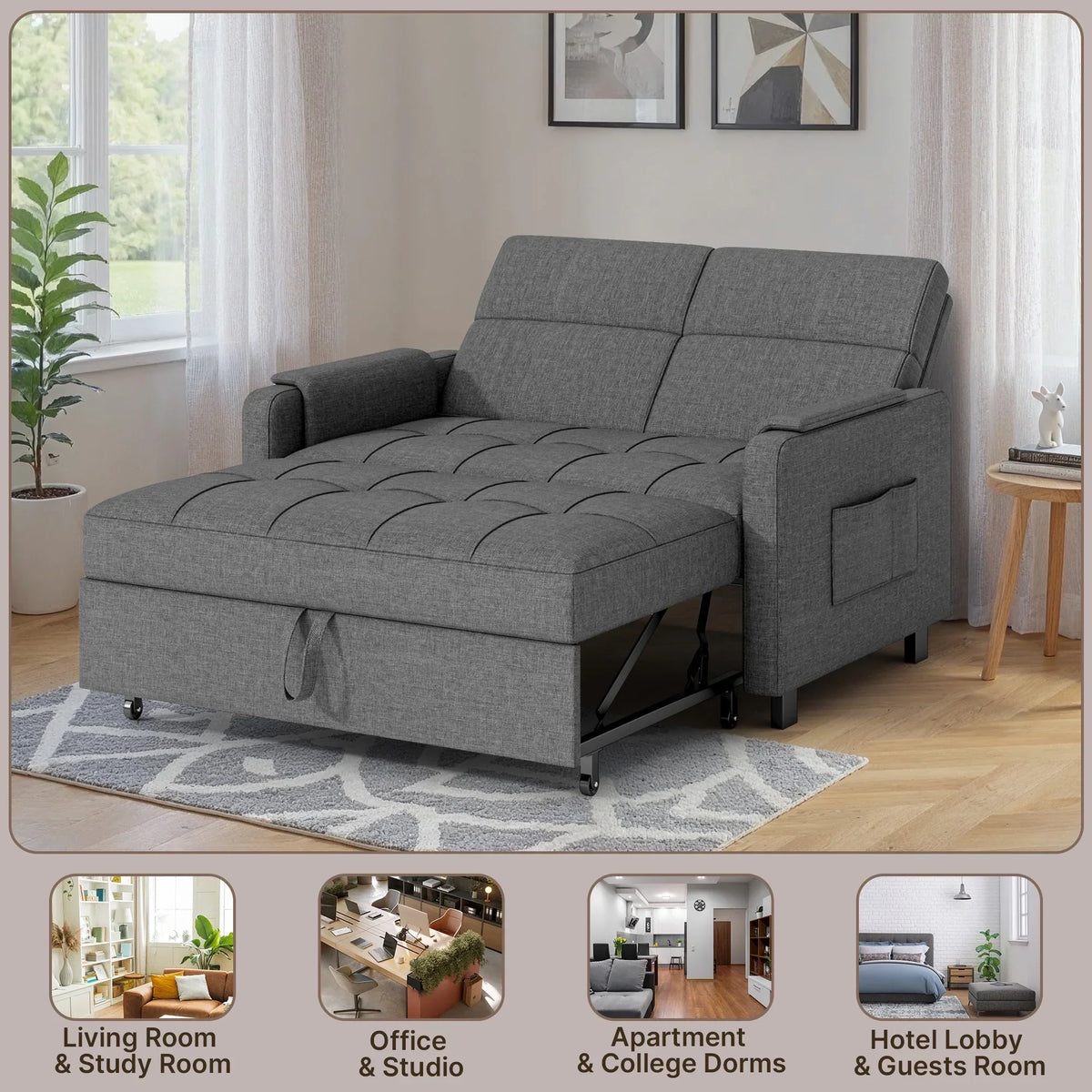 Nouveauté 2026 – Canapé-lit convertible 3 en 1 Lofka avec rangement, dossier réglable et fonction gigogne - Fauteuil-lit idéal pour les petits espaces et les appartements, gris foncé