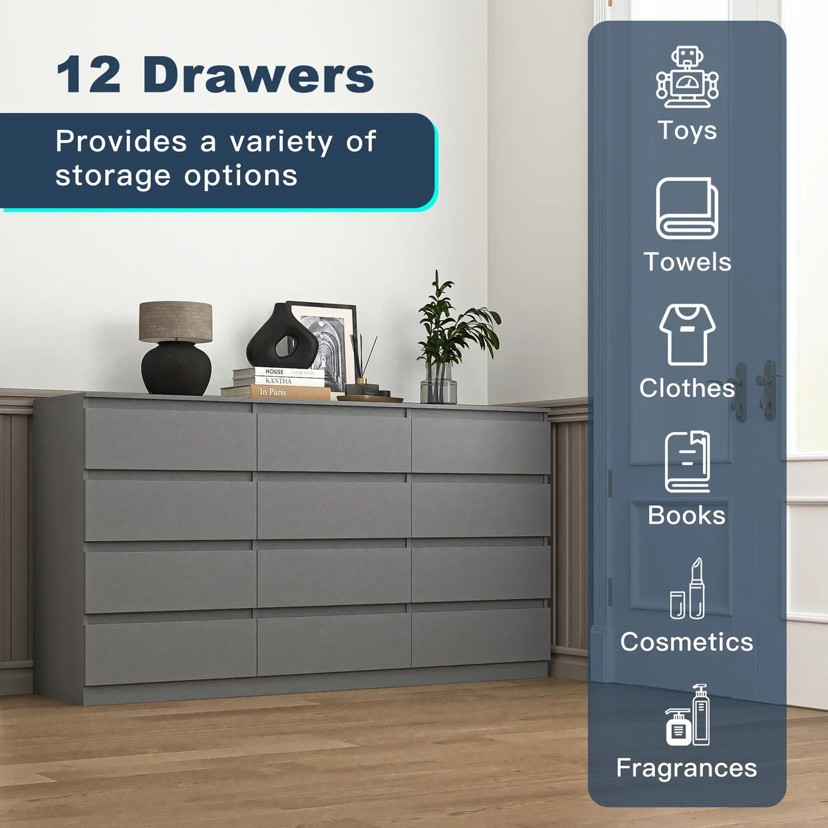 Nouveauté 2026 – Commode Resenkos moderne style milieu du siècle, 6 tiroirs, large, pour chambre à coucher, grise