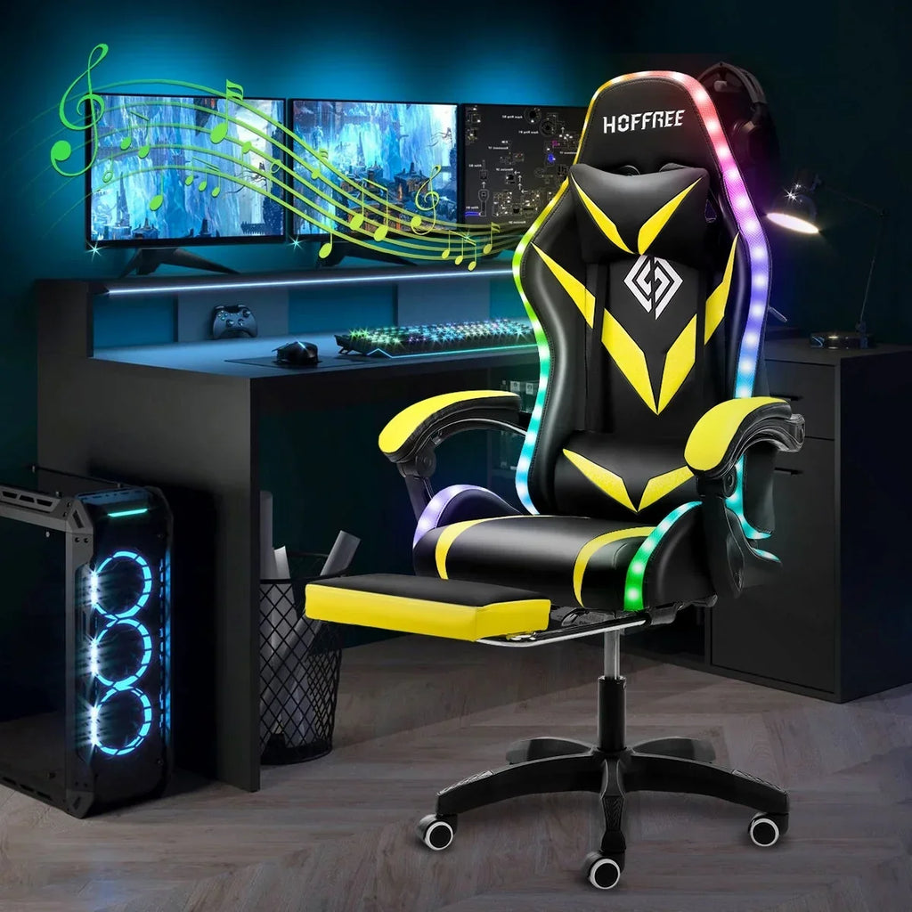 Nouveauté 2026 – Fauteuil de jeu Hoffree avec haut-parleurs intégrés, en cuir PU, repose-pieds et éclairage LED. Fauteuil ergonomique pour gamer avec massage, soutien lombaire et appui-tête pivotant et réglable. Idéal pour le télétravail et le bureau