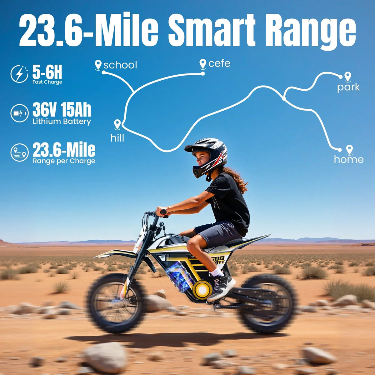 Nouveauté 2026 – Moto tout-terrain électrique QEASET , 500 W, pour enfants (garçons et filles) de 8 à 14 ans, bleue