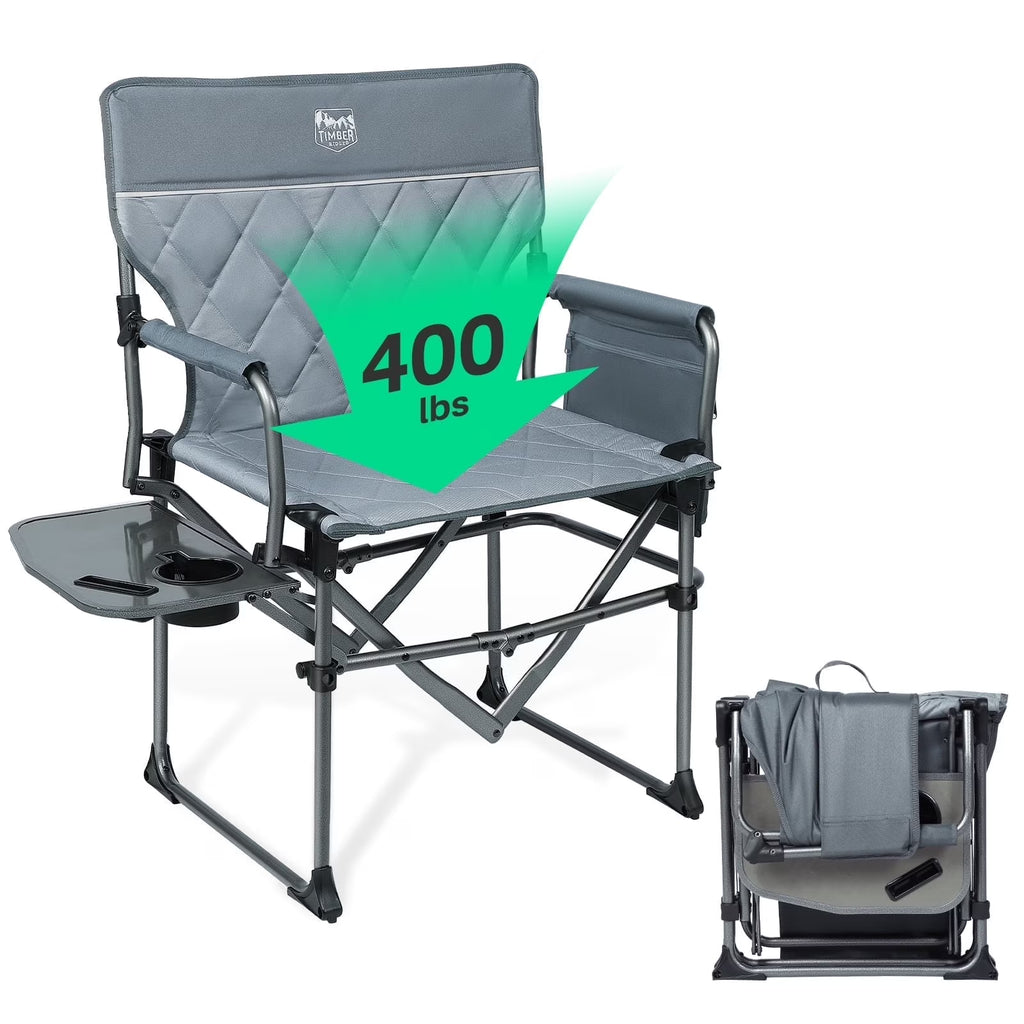 Nouveauté 2026 – Chaise de réalisateur portable TIMBER RIDGE , chaise de camping pliante robuste et compacte avec poche latérale et tablette latérale, supporte jusqu'à 181 kg, grise