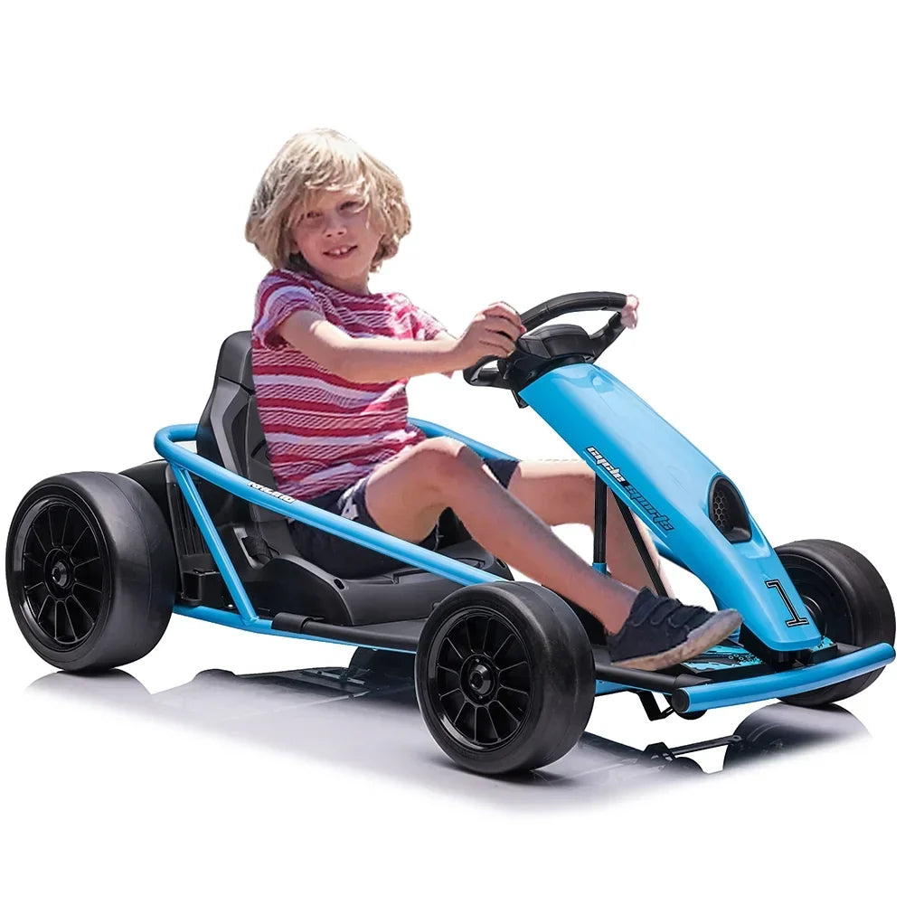 Nouveauté 2026 – Karting Simzone pour enfants, batterie 24 V, 2 moteurs 300 W, à pédales, vitesse maximale de 13 km/h, fonction drift, démarrage progressif, musique, pneus élastiques et résistants, bleu