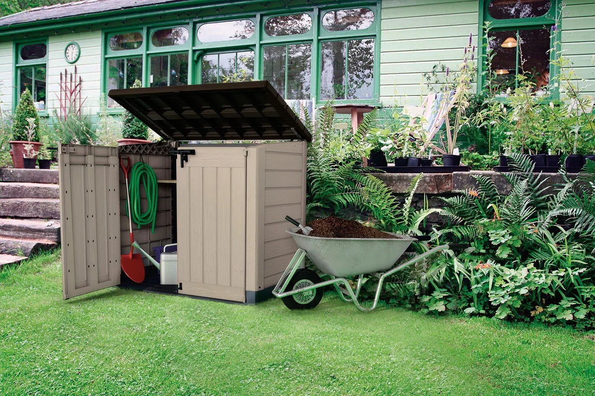 Nouveauté 2026 – Abri de jardin horizontal Keter Store It Out MAX en résine durable, avec plancher renforcé, verrou de sécurité et double porte, beige