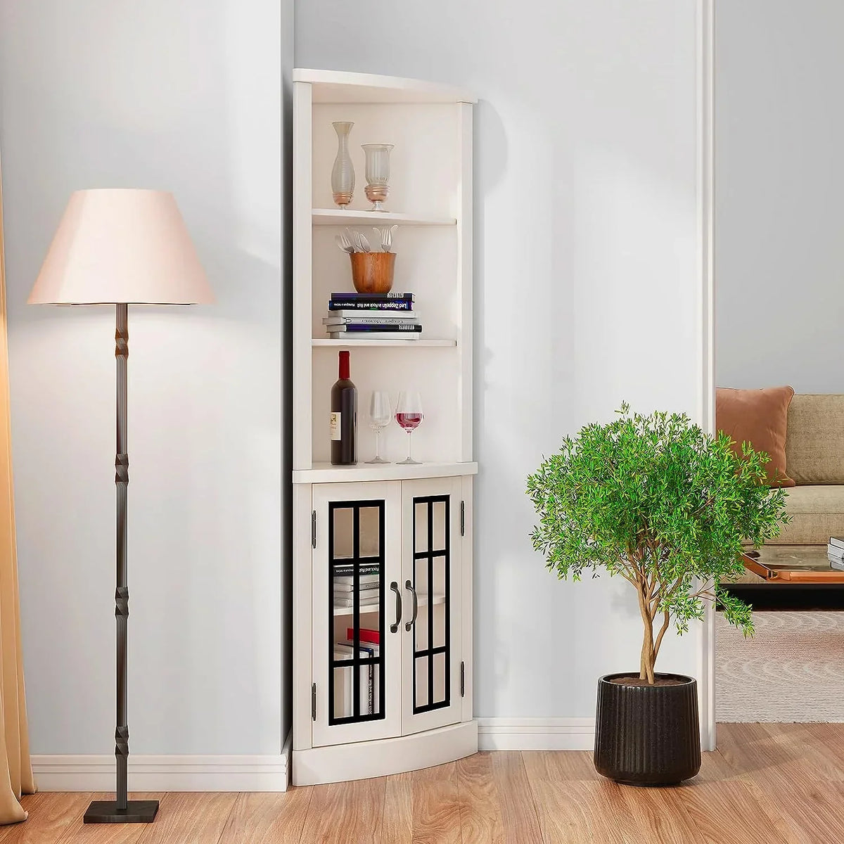 Nouveauté 2026 – Meuble d'angle incurvé Merluxy , bibliothèque en bois de 165 cm avec 3 étagères, blanc vieilli
