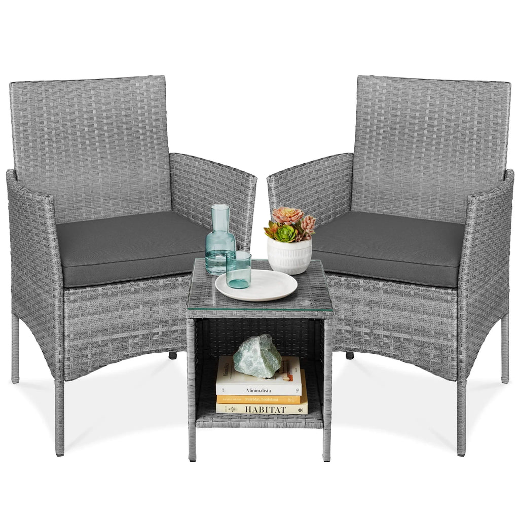 Nouveauté 2026 – Ensemble bistro de jardin 3 pièces en résine tressée Best Choice Products , avec 2 chaises et une table - Gris/Bleu marine
