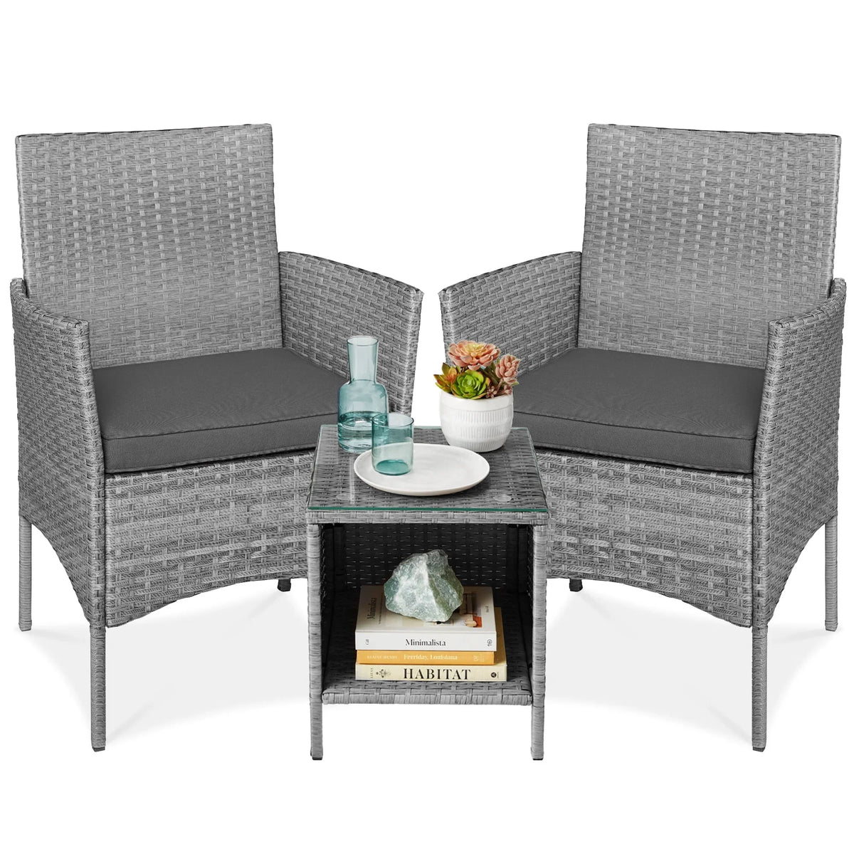 Nouveauté 2026 – Ensemble bistro de jardin 3 pièces en résine tressée Best Choice Products , avec 2 chaises et une table - Gris/Bleu marine