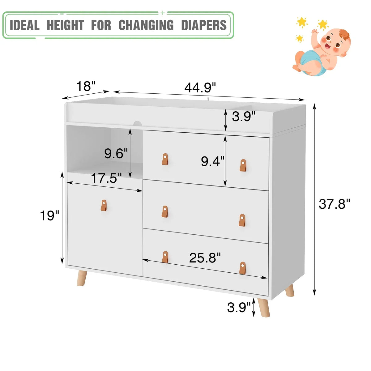 Nouveauté 2026 – Table à langer/commode pour chambre de bébé OXYLIFE , 114 cm (45 po), avec 4 tiroirs et une étagère, blanche