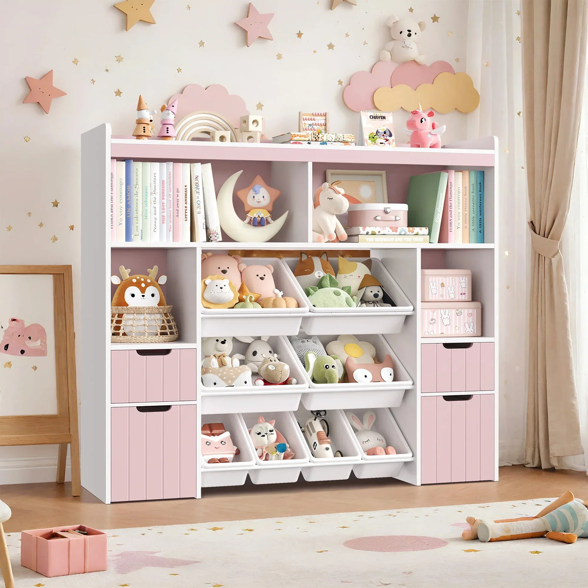 Nouveauté 2026 – Coffre de rangement pour jouets Homfa avec compartiments, tiroirs amovibles, bibliothèque pour chambre ou salon, gris