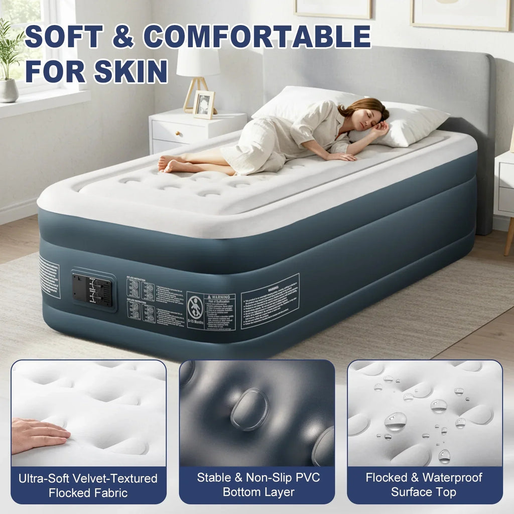 Nouveauté 2026 – Matelas gonflable Zimtown , 45,7 cm (18 po), deux chambres, surélevé, avec pompe intégrée, portable, pour le camping en extérieur et en intérieur, gris et blanc