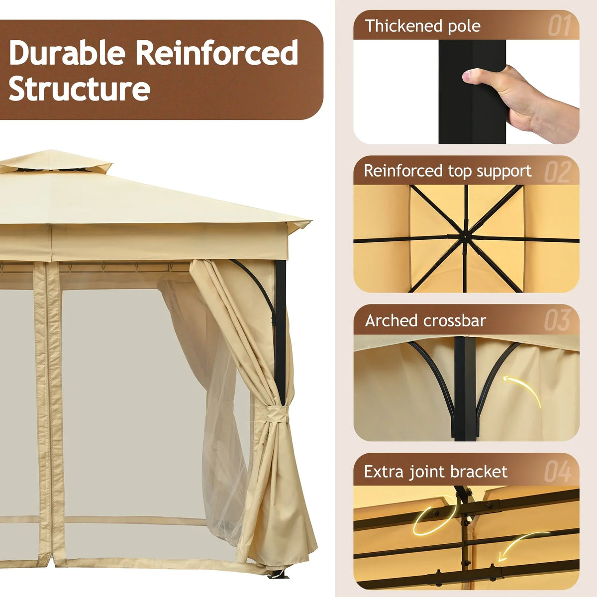 Nouveauté 2026 – Gazebo d'extérieur 10'x10', gazebo de patio avec moustiquaire et écrans d'intimité pour cour arrière, jardin, pelouse et terrasse, gris