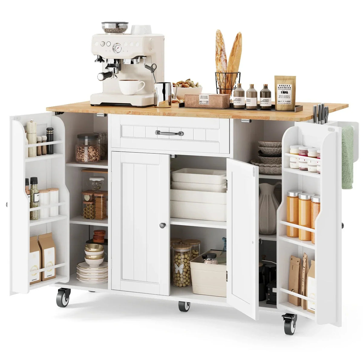 Nouveauté 2026 – Îlot de cuisine Noelse avec rangements, table d'appoint rabattable, porte-épices et porte-serviettes pour petites cuisines, blanc