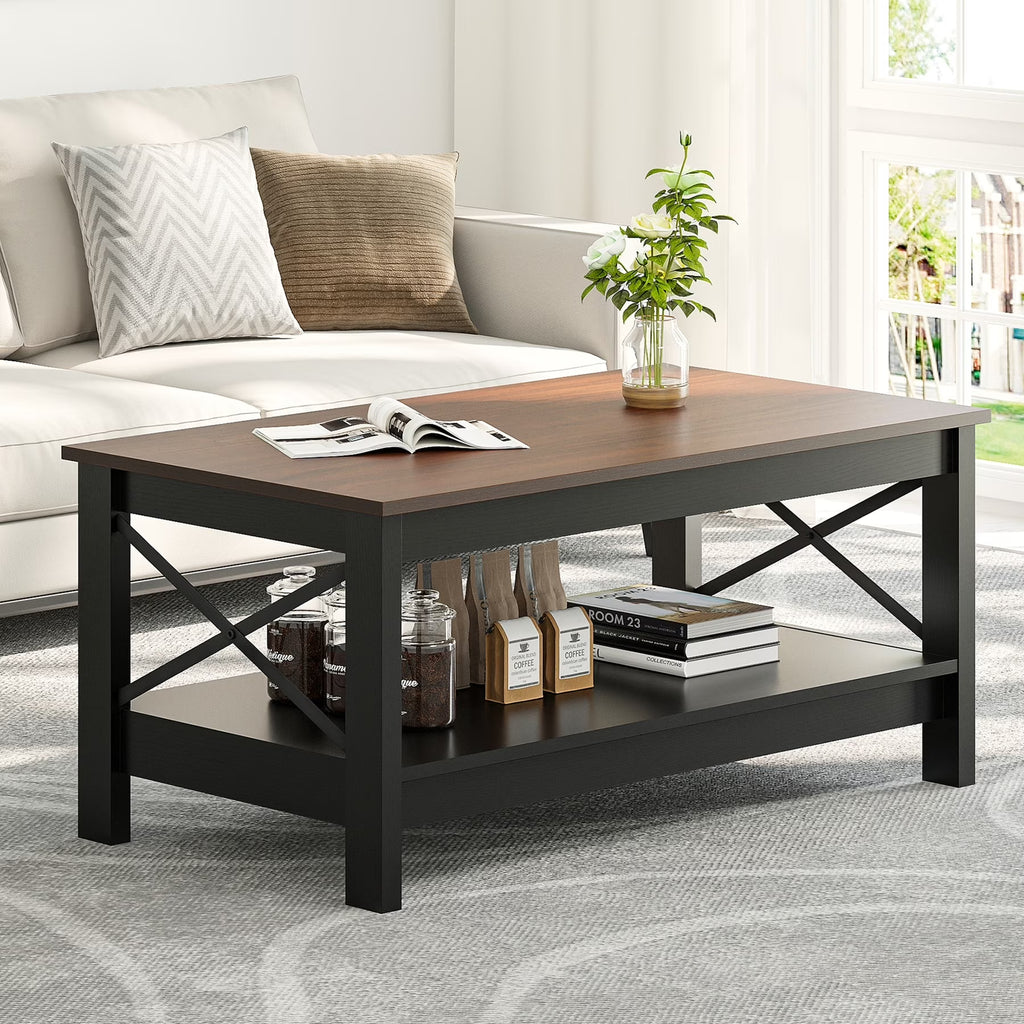 Nouveauté 2026 – Table basse Moasis Farmhouse avec rangement, table centrale à 2 niveaux pour salon, plateau gris délavé et blanc
