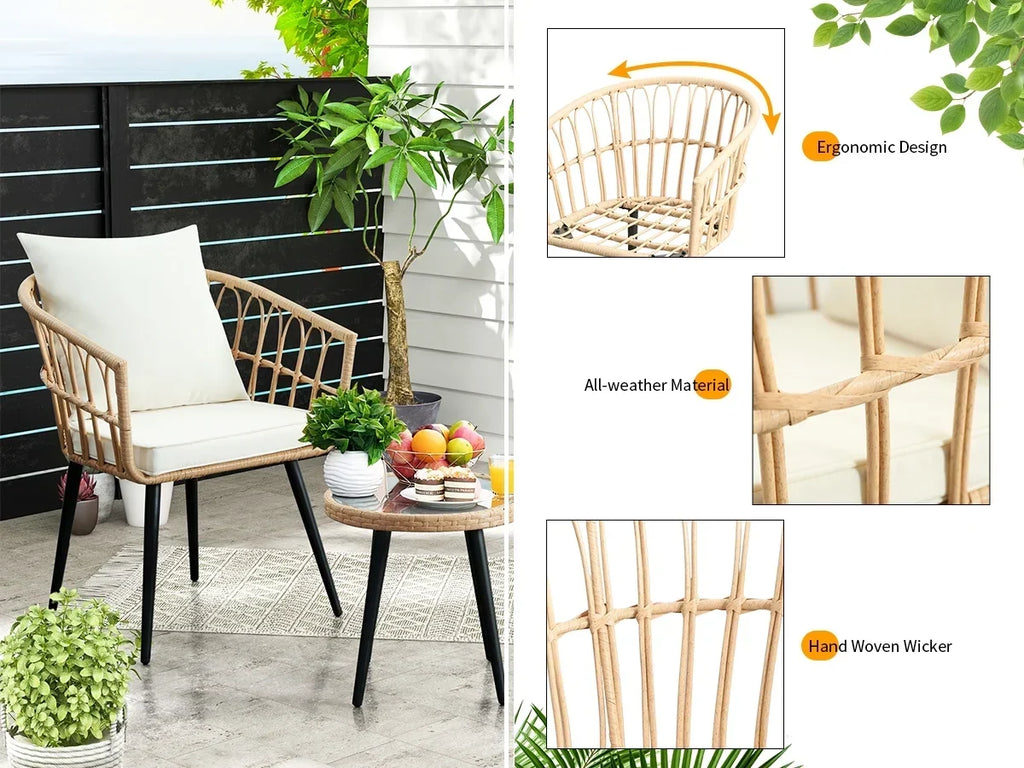 Nouveauté 2026 – Ensemble bistro de patio 3 pièces FHFO , mobilier d'extérieur en résine tressée pour balcon, appartement ou terrasse, ensemble table et chaises en rotin (2 pièces), beige