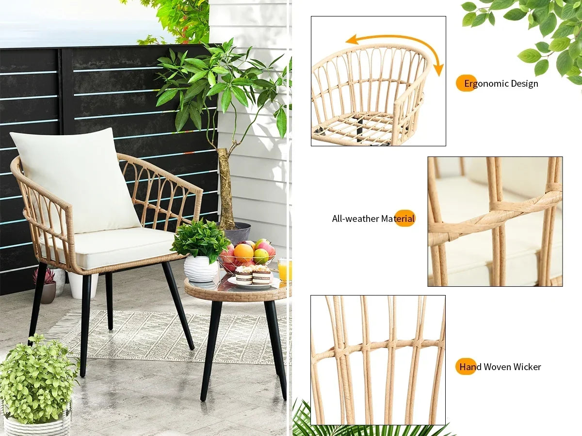 Nouveauté 2026 – Ensemble bistro de patio 3 pièces FHFO , mobilier d'extérieur en résine tressée pour balcon, appartement ou terrasse, ensemble table et chaises en rotin (2 pièces), beige
