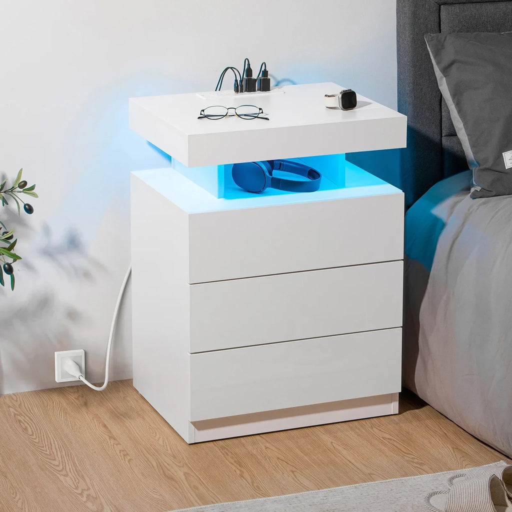 Nouveauté 2026 – Table de chevet LED Hommpa avec station de charge sans fil, ports USB Type-C, 3 tiroirs, finition laquée noire, style moderne et élégant, hauteur 68 cm (26,8 pouces). Idéale pour la chambre à coucher