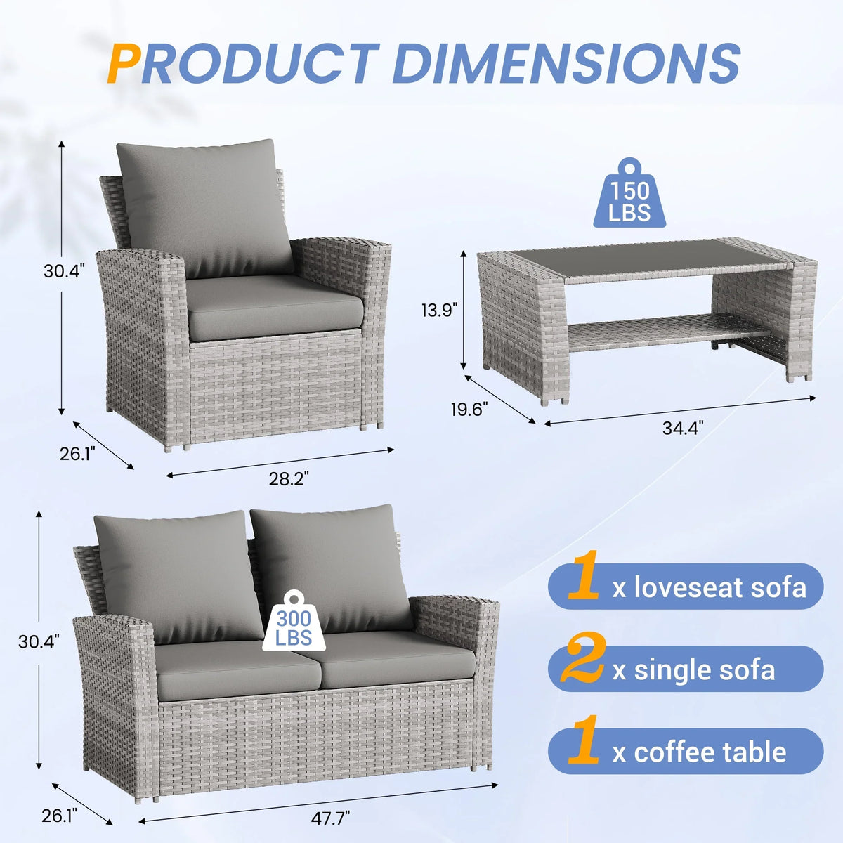 Nouveauté 2026 – Ensemble de mobilier de patio en résine tressée UDPATIO , ensemble de conversation d'extérieur 4 pièces, canapé de patio en rotin PE gris pour balcon, porche, jardin, gris