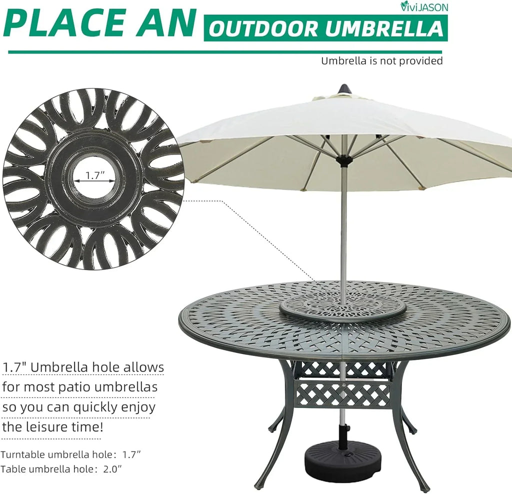 Nouveauté 2026 – Table de salle à manger d'extérieur VIVIJASON , 155 cm (61 po), pour 6 à 8 personnes, grande table ronde avec plateau tournant de 61 cm (24 po), en aluminium moulé bronze foncé au style rustique, avec trou pour parasol, idéale pour b