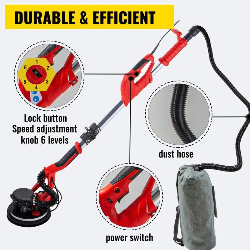 Nouveauté 2026 – Ponceuse à plaques de plâtre Drywall , 850 W, électrique, avec éclairage LED et sac d'aspiration, vitesse variable 800-1750 tr/min, pliable, avec poignée télescopique