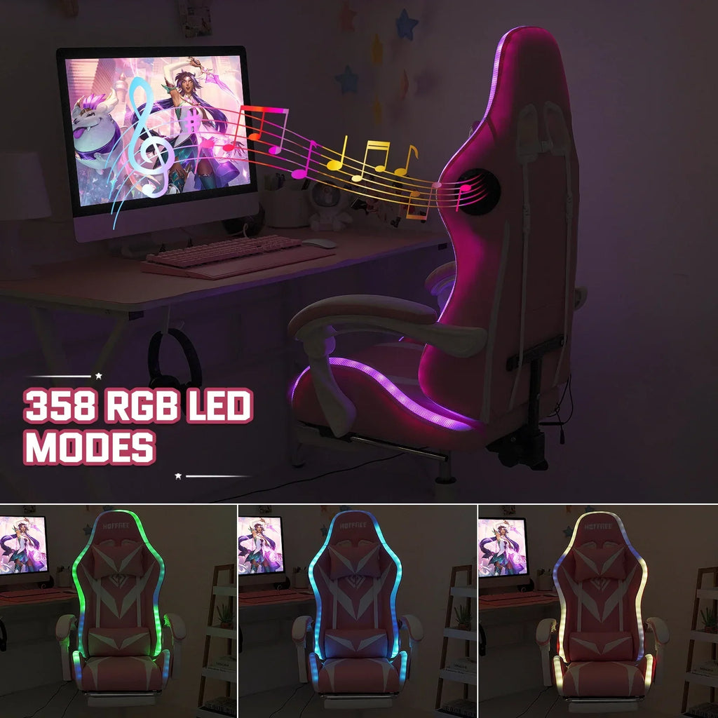 Nouveauté 2026 – Fauteuil de jeu Hoffree avec haut-parleurs intégrés, en cuir PU, repose-pieds et éclairage LED. Fauteuil ergonomique pour gamer avec massage, soutien lombaire et appui-tête pivotant et réglable. Idéal pour le télétravail et le bureau