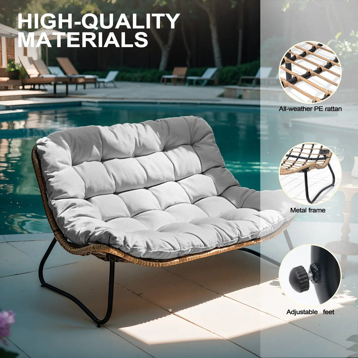 Nouveauté 2026 – Canapé deux places de patio Crestlive Products , grand meuble en rotin résistant aux intempéries avec coussins moelleux, canapé d'extérieur pour balcon, piscine, jardin (beige