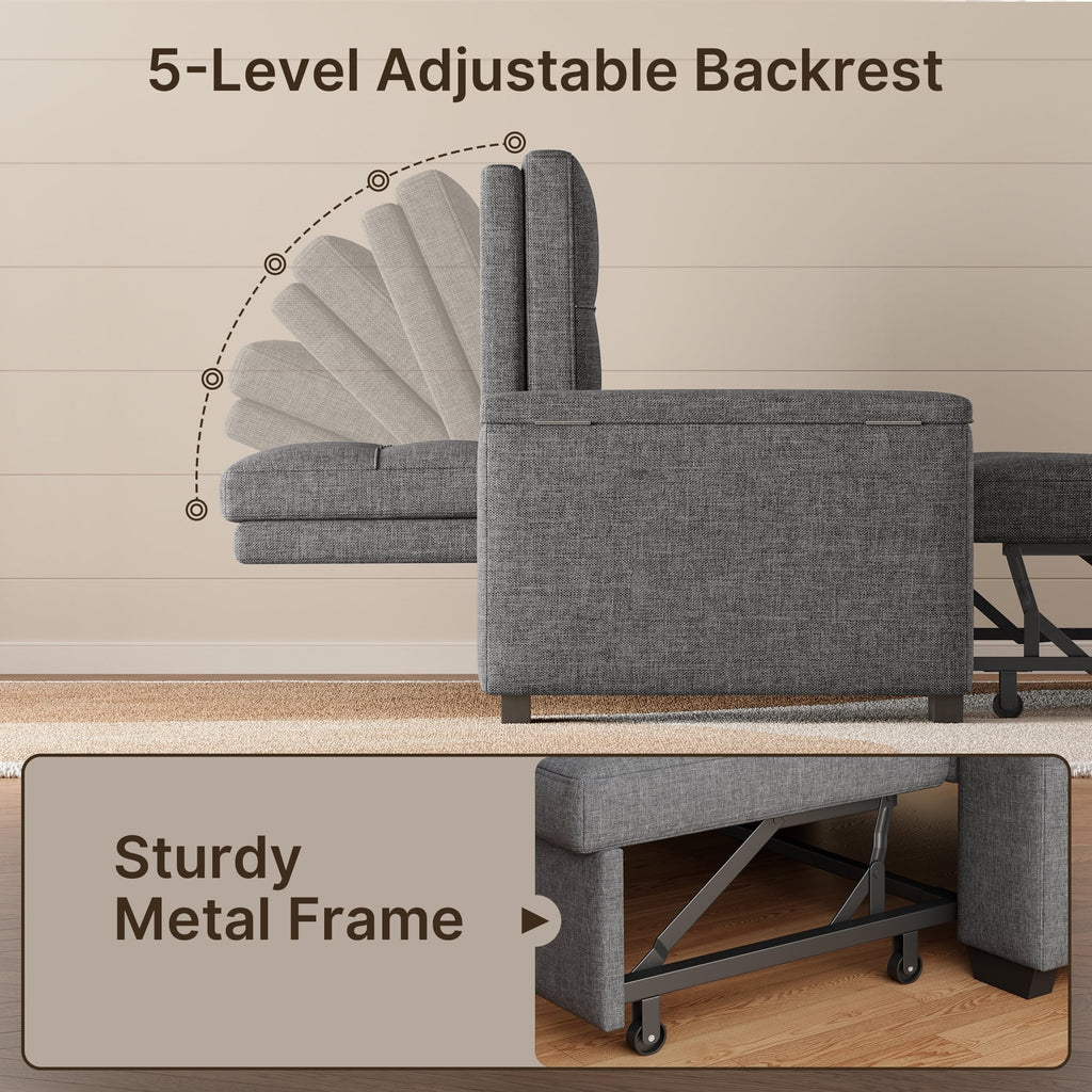 Nouveauté 2026 – Canapé-lit convertible 3 en 1 Lofka avec rangement, dossier réglable et fonction gigogne - Fauteuil-lit idéal pour les petits espaces et les appartements, gris foncé