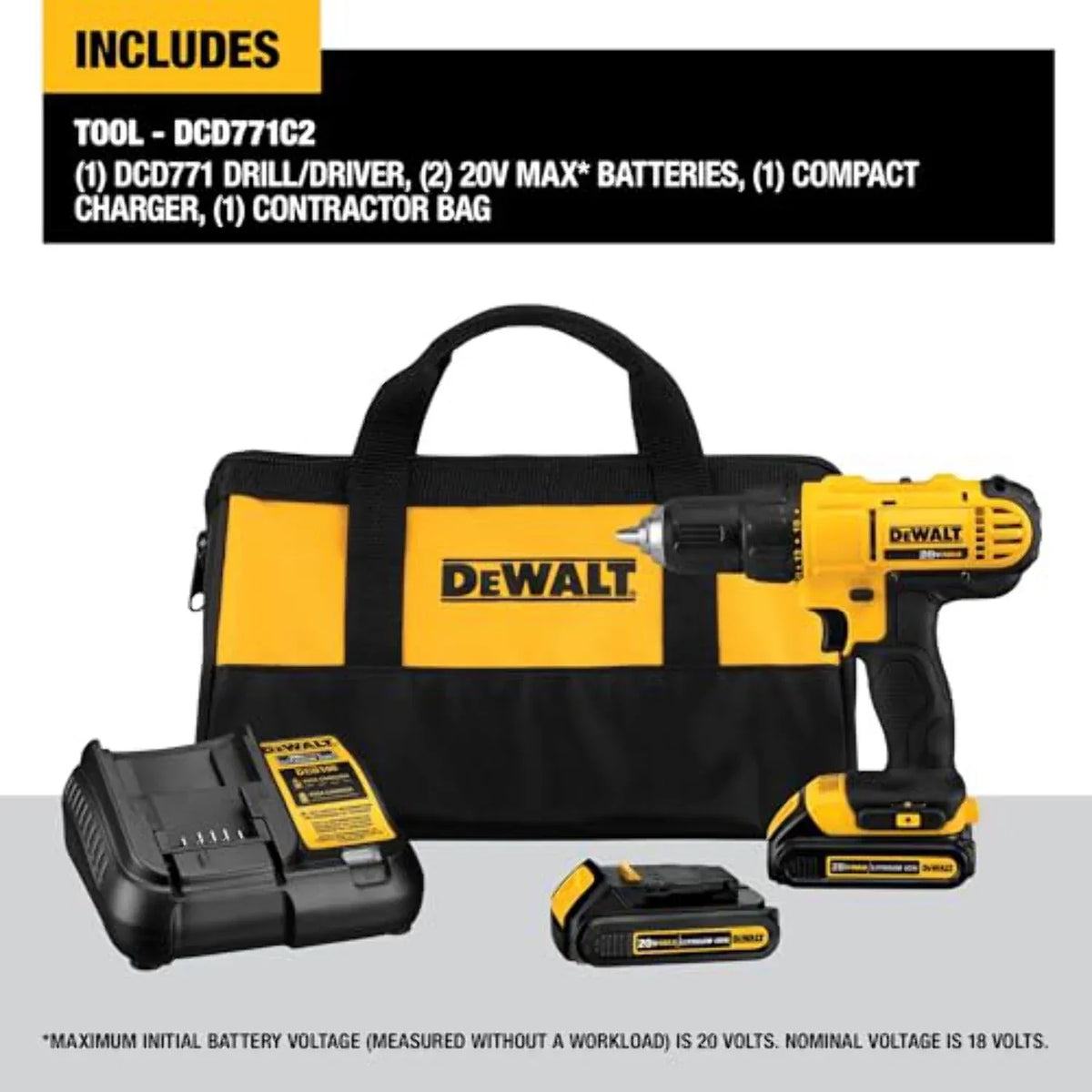 Nouveauté 2026 – Kit perceuse-visseuse sans fil DEWALT 20V Max, compact, 1/2 pouce (DCD771C2), jaune