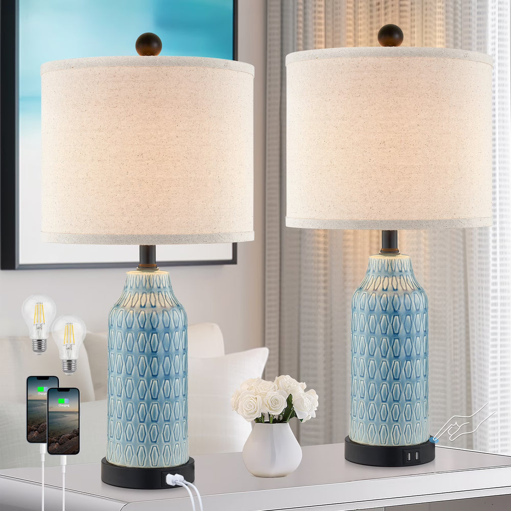 Nouveauté 2026 – Ensemble de 2 lampes de table Cinkeda pour salon et chambre à coucher, avec ports USB, prise secteur, intensité réglable à 3 niveaux, veilleuse tactile, style champêtre, motif floral blanc, lampes de chevet