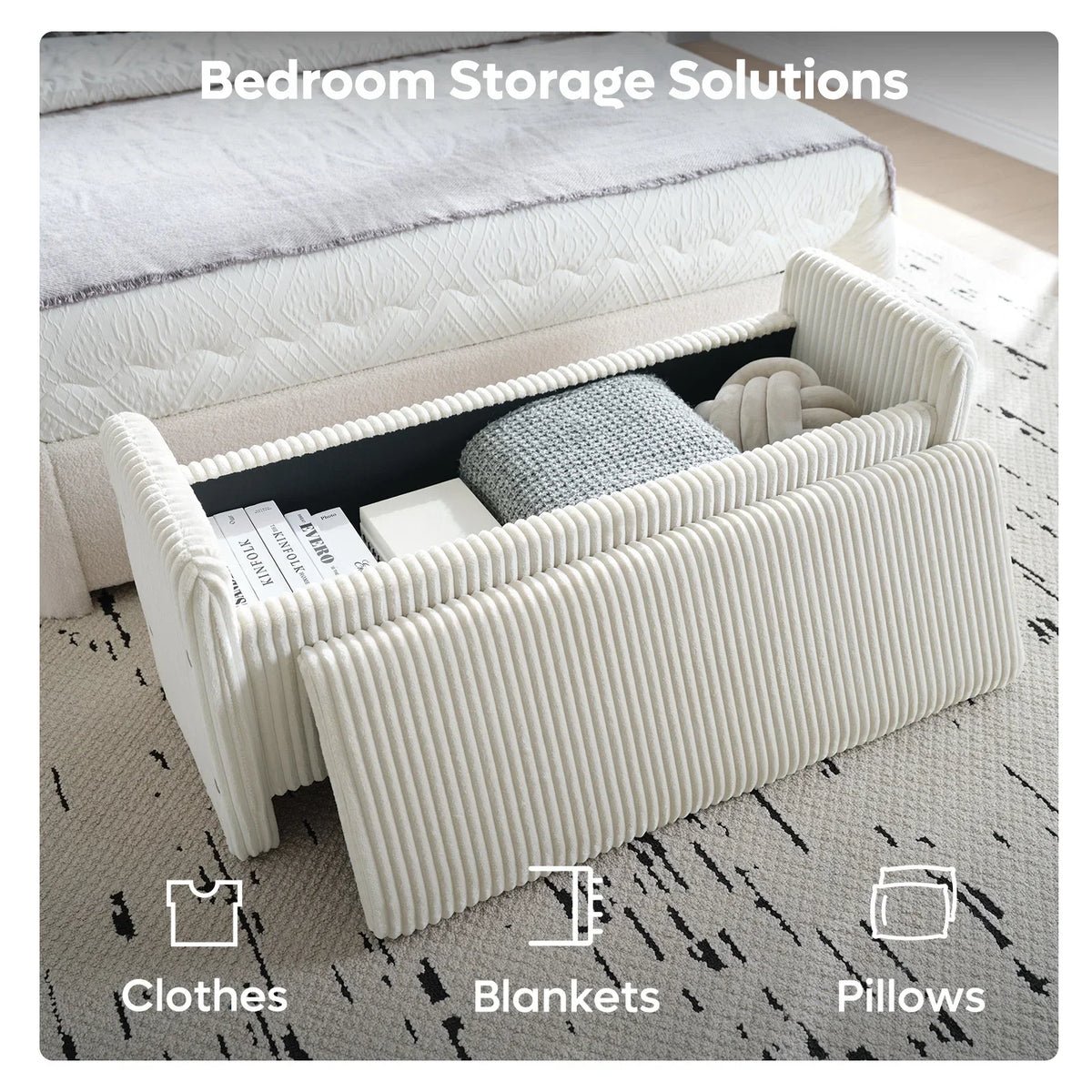 Nouveauté 2026 – Banc coffre Pinmoco de 112 cm (44 po), banc d'entrée rembourré avec rangement, idéal pour la chambre et le salon, en velours côtelé gris