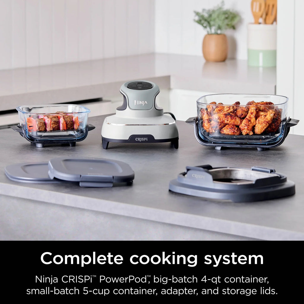 Nouveauté 2026 – Friteuse à air portable 3-en-1 Ninja Crispi , 1500 W, récipients en verre TempWare de 4 L et 5 tasses avec couvercles de conservation, compatible micro-ondes, congélateur et lave-vaisselle, blanc, FN100WH