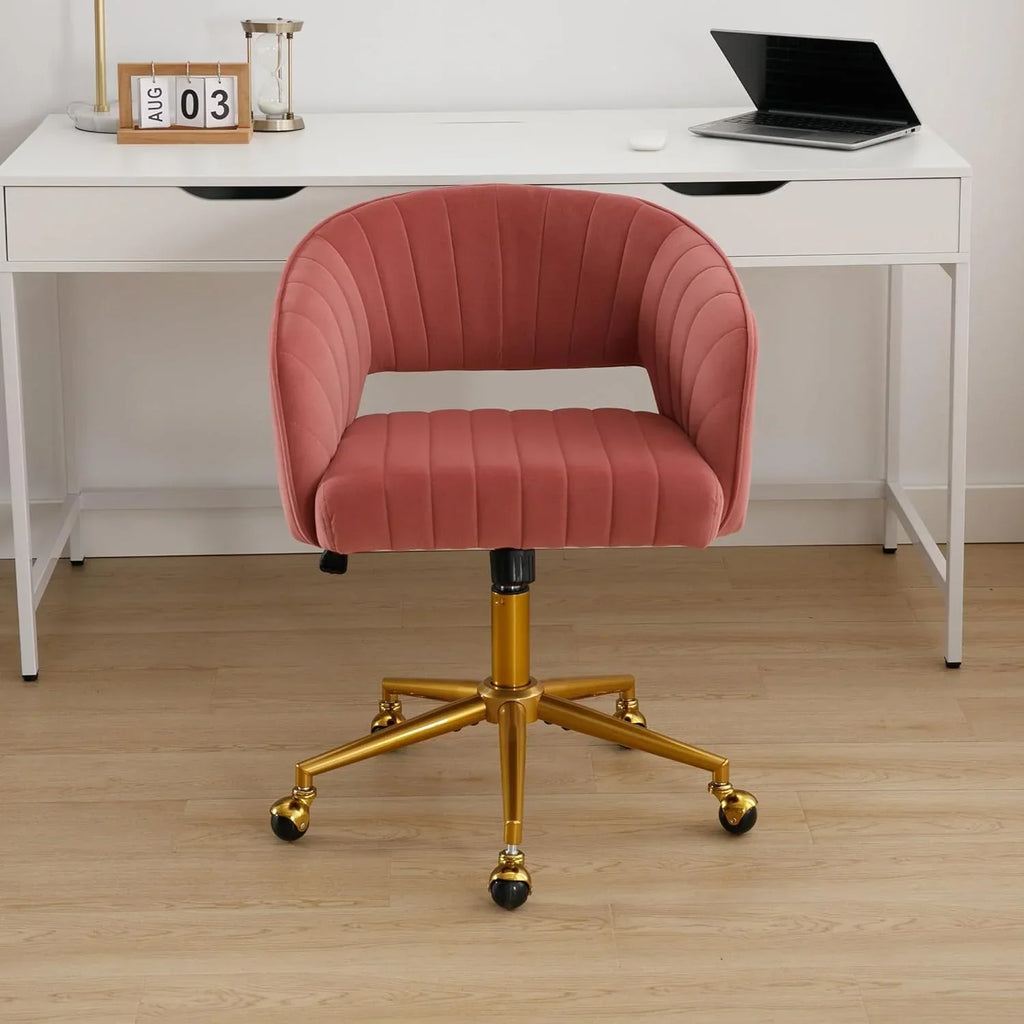 Nouveauté 2026 – Chaise de bureau Westice , chaise de travail en velours, chaise pivotante réglable en hauteur avec base dorée, idéale pour coiffeuse, bureau, salon ou salle informatique, beige