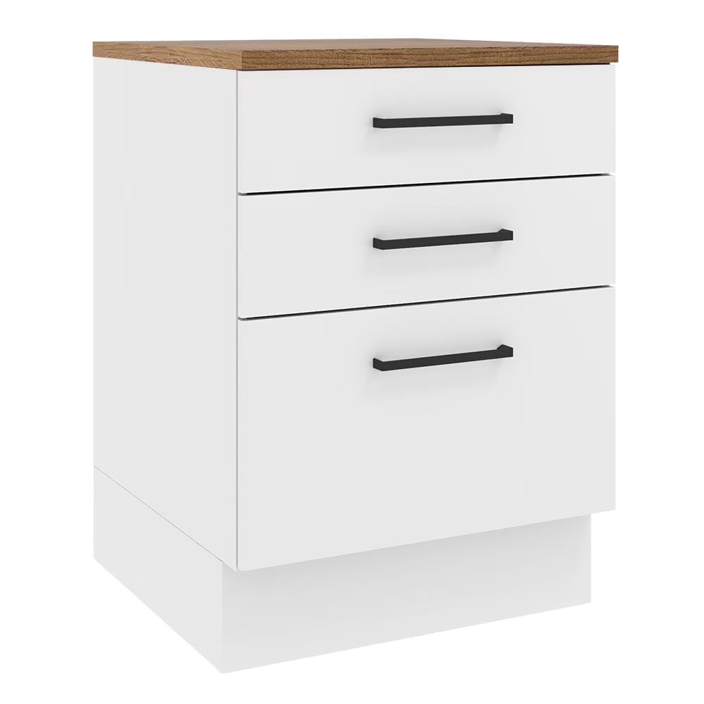 Nouveauté 2026 – Meuble bas de rangement de cuisine Madesa Hazel avec 3 tiroirs, largeur 58,4 cm (23 po), en bois d'ingénierie peint, à poser au sol, socle amovible - Blanc