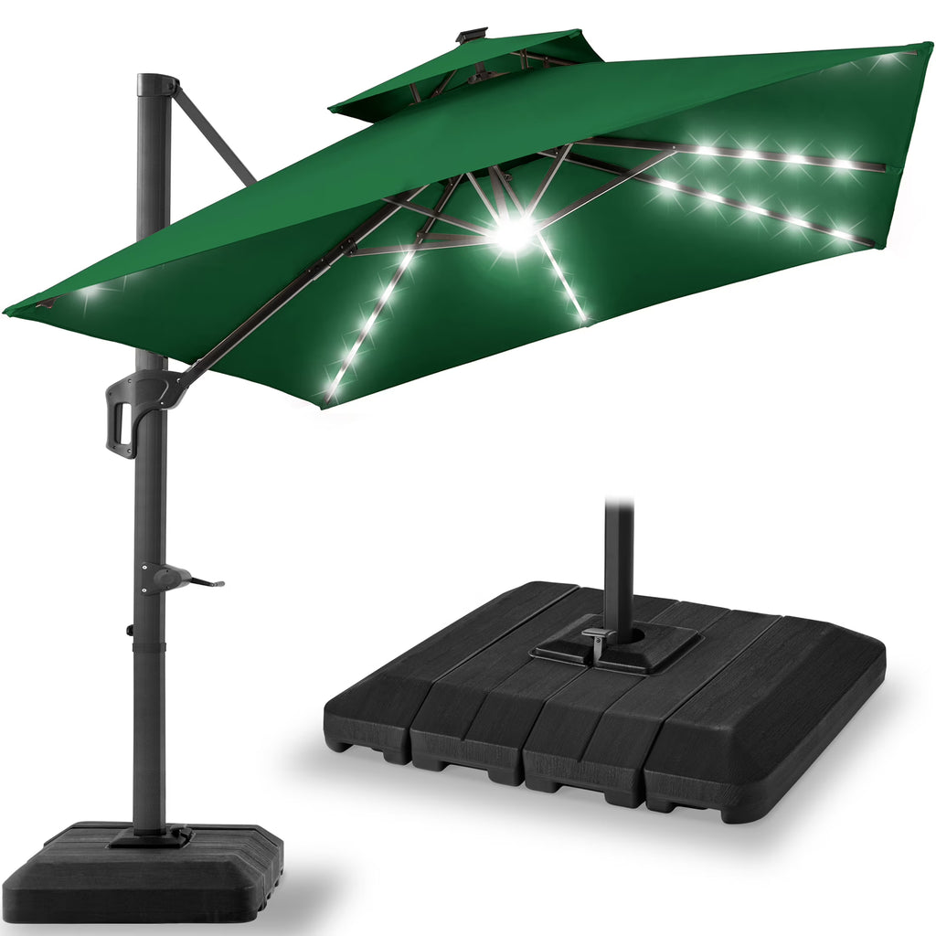 Nouveauté 2026 – Parasol de terrasse carré déporté à deux niveaux, 3 x 3 m, à éclairage solaire LED, avec base incluse (Best Choice Products, ) - Beige
