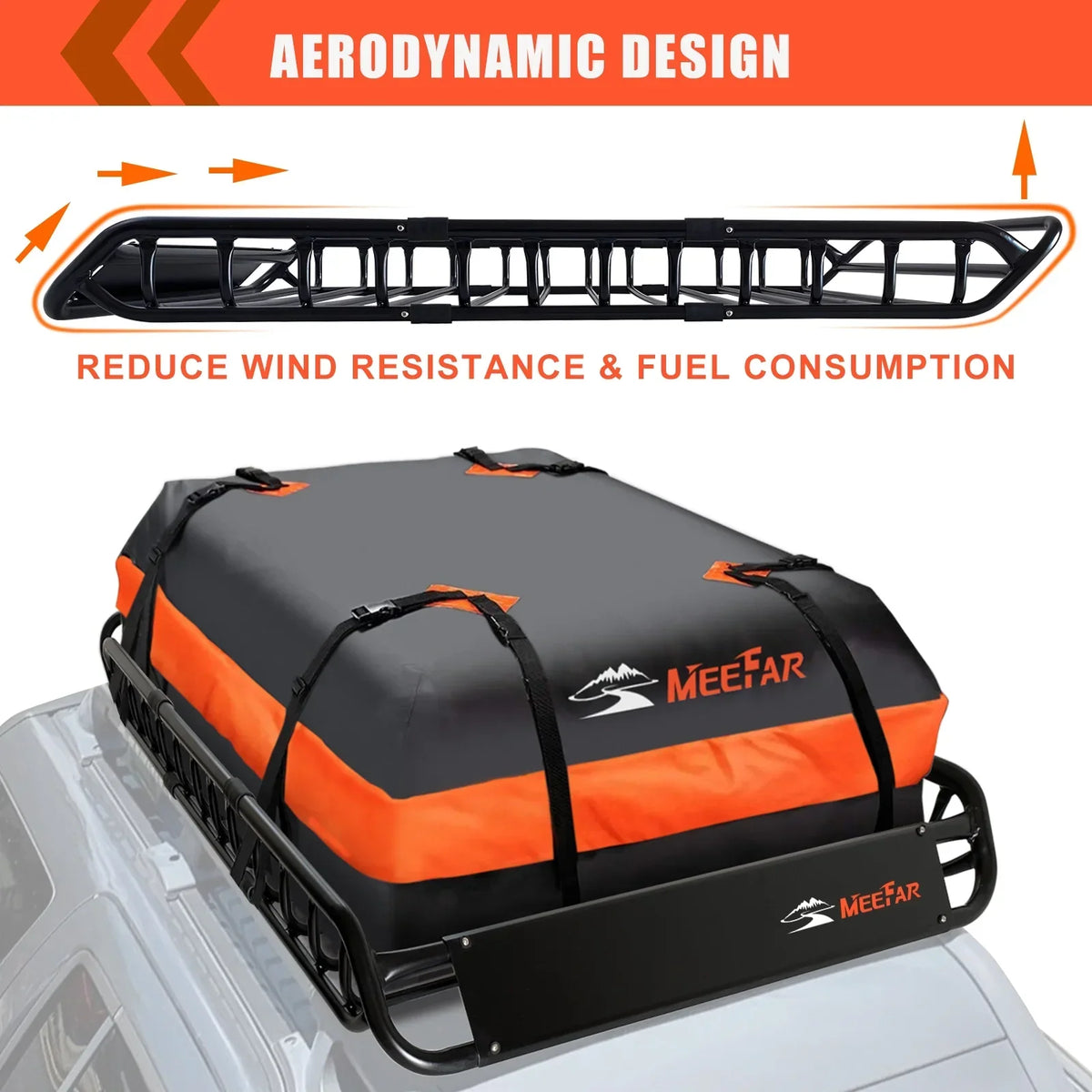 Nouveauté 2026 – Ensemble de barres de toit universelles MeeFar : panier de toit en acier (51 po x 36 po x 5 po) + sac de chargement souple et étanche (15 pi³ - 44 po x 34 po x 17 po