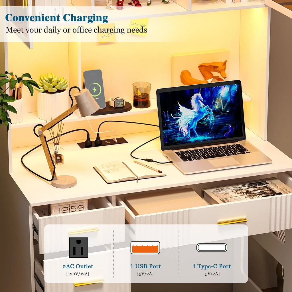Nouveauté 2026 – Bureau d'étude LED HNEBC avec étagère et tiroir, bureau pour bureau à domicile avec prise électrique, bureau d'ordinateur avec station de charge, bureau d'écriture pour chambre, poste de travail pour petits espaces