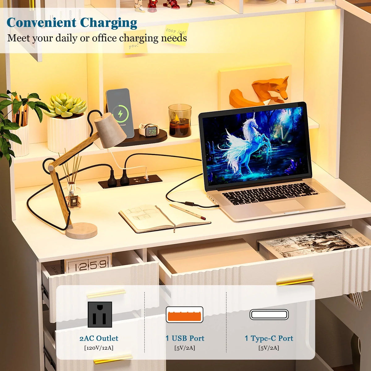 Nouveauté 2026 – Bureau d'étude LED HNEBC avec étagère et tiroir, bureau pour bureau à domicile avec prise électrique, bureau d'ordinateur avec station de charge, bureau d'écriture pour chambre, poste de travail pour petits espaces