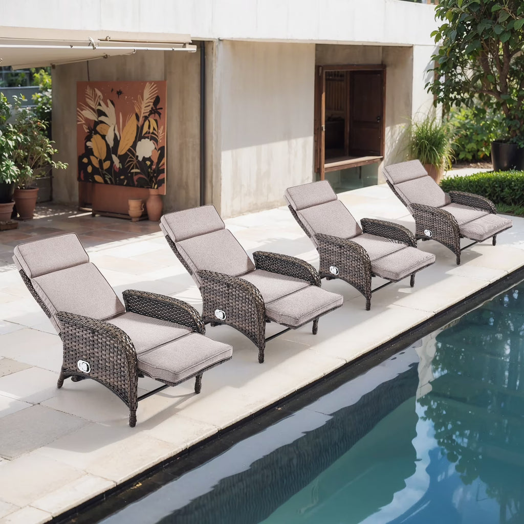 Nouveauté 2026 – Fauteuil inclinable d'extérieur OPOHORO , chaise longue de patio inclinable réglable avec coussin, en osier, avec dossier et repose-pieds réglables, idéal pour le bord de la piscine, beige