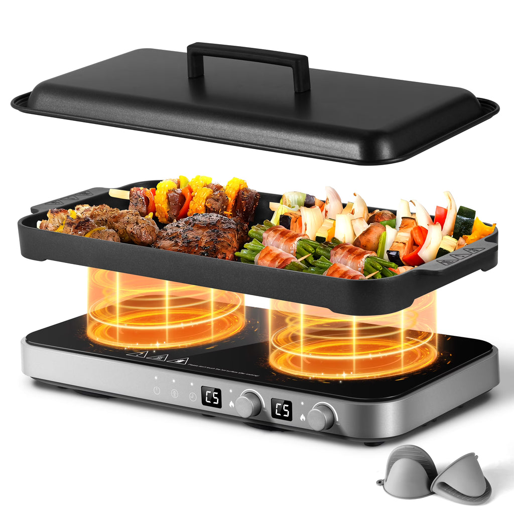 Nouveauté 2026 – Plaque de cuisson à induction portable double Sunmaki avec plaque de cuisson amovible antiadhésive, 1800 W, 2 brûleurs, commandes tactiles, 9 niveaux de puissance, minuterie 99 min, idéale pour les fêtes de famille