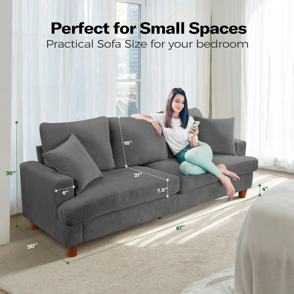 Nouveauté 2026 – Canapé 3 places en velours côtelé 221 cm (87 pouces), avec assises extra profondes, confortable et rembourré, idéal pour le salon. Comprend 2 coussins et est disponible en vert