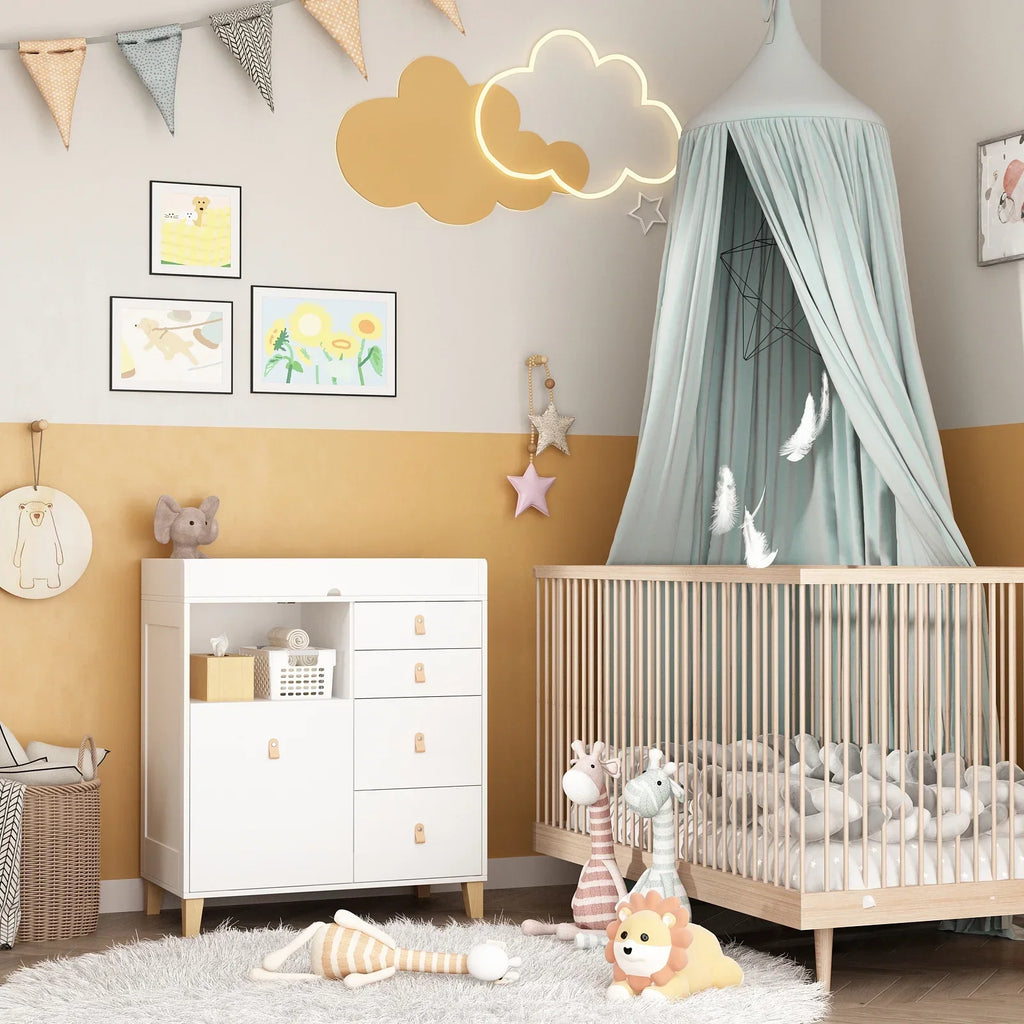 Nouveauté 2026 – Table à langer/commode pour chambre de bébé OXYLIFE , 114 cm (45 po), avec 4 tiroirs et une étagère, blanche