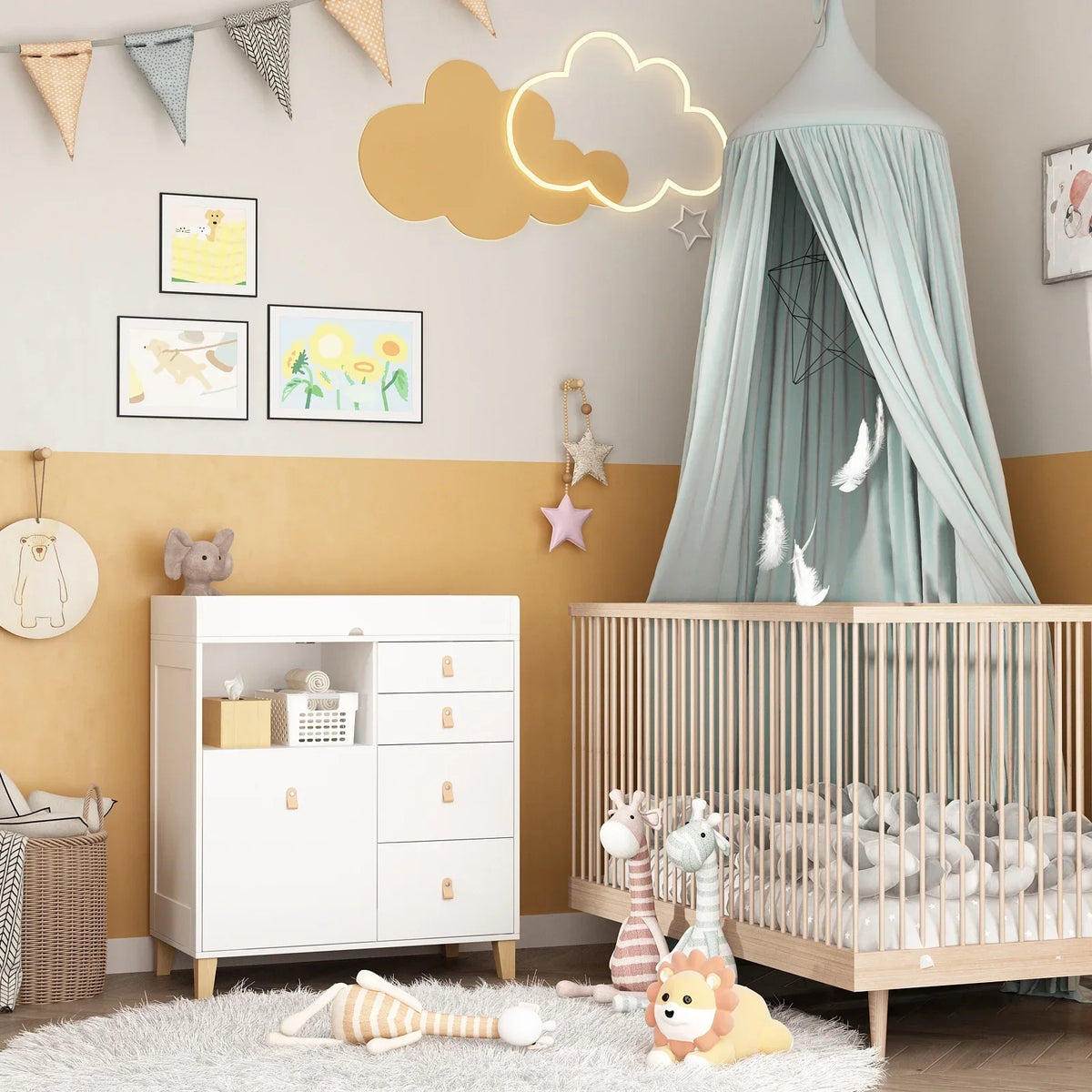 Nouveauté 2026 – Table à langer/commode pour chambre de bébé OXYLIFE , 114 cm (45 po), avec 4 tiroirs et une étagère, blanche