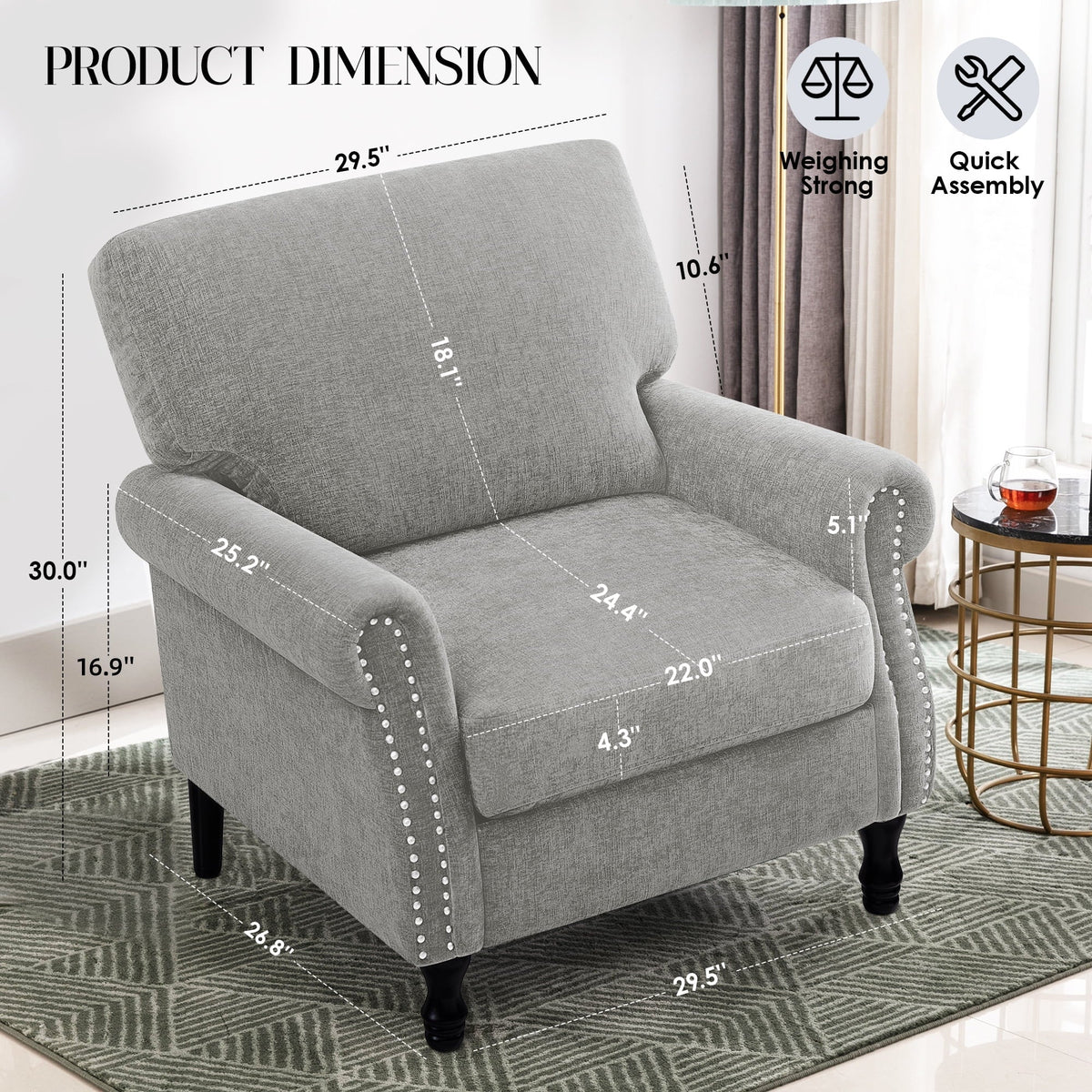 Nouveauté 2026 – Fauteuil d'appoint moderne COOLHUT , canapé une place confortable revêtu de tissu lin avec structure en bois massif, gris