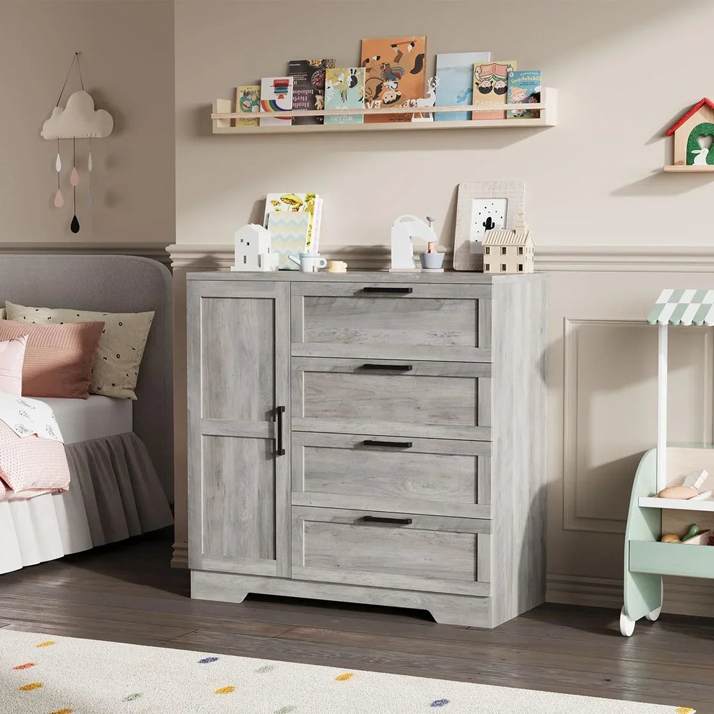 Nouveauté 2026 – Armoire-penderie en bois Ataucjin avec 4 tiroirs et une porte, hauteur 110 cm (43,3 po), avec tringle, rangement pour vêtements, commode à 4 tiroirs avec placard de rangement